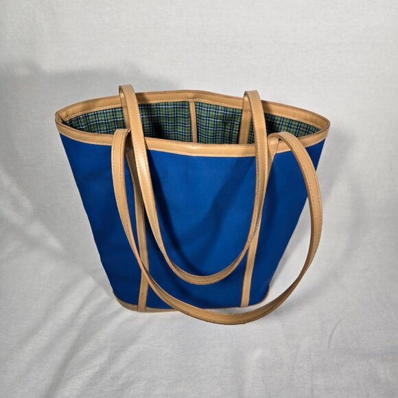 VINTAGE 90s Y2K Whitney Blue Canvas & Tan Trim Open Top Structure Roomy Tote Bag - Picture 12 of 17